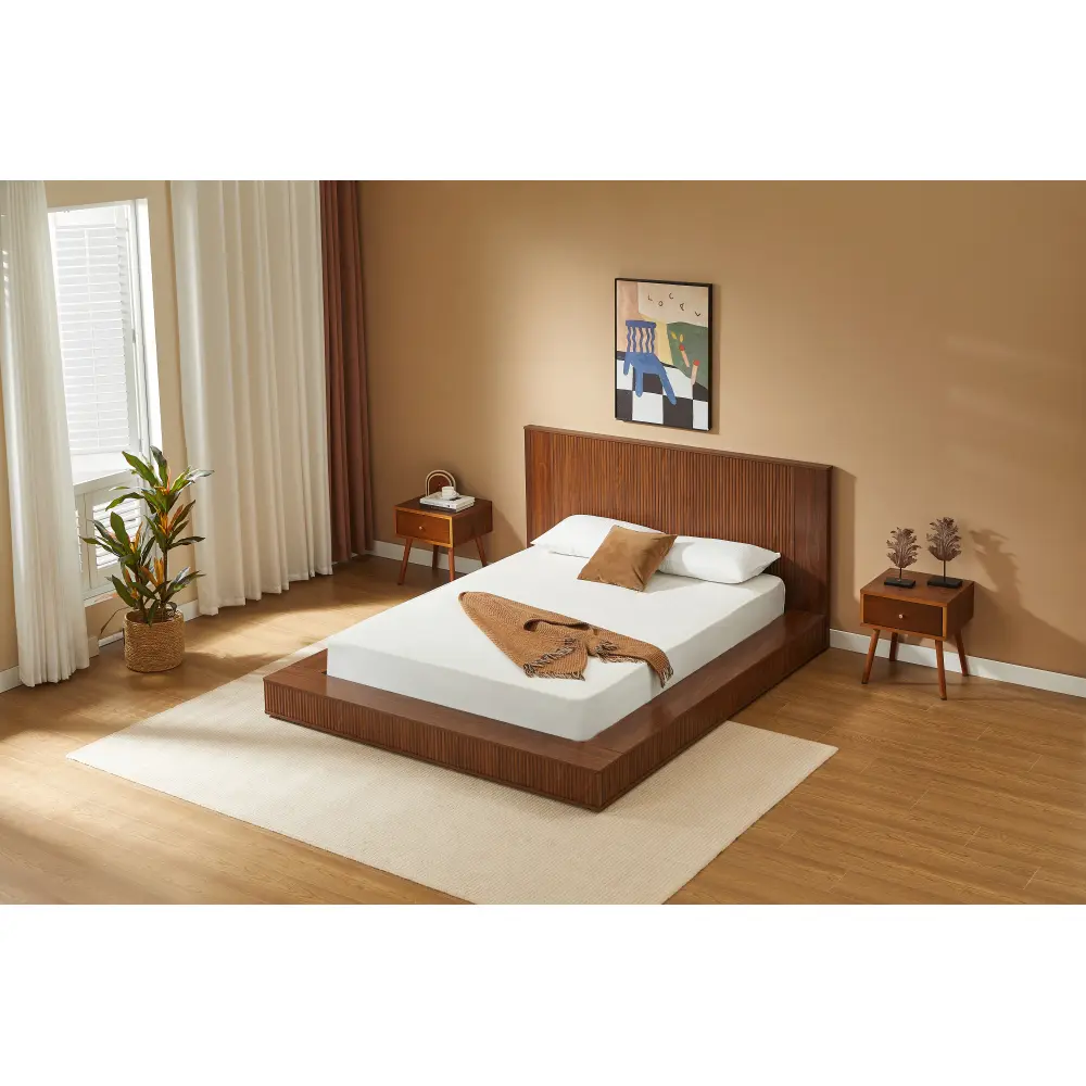 Queen Bed Frame, Modern Japandi Style Low-Profile Walnut Wood Platform with Vertical Fluted Panel Headboard & Hidden Storage, 1-Hour Setup, No Box Spring Needed, Sturdy Floor Bed for Single/Couple Master or Guest Room