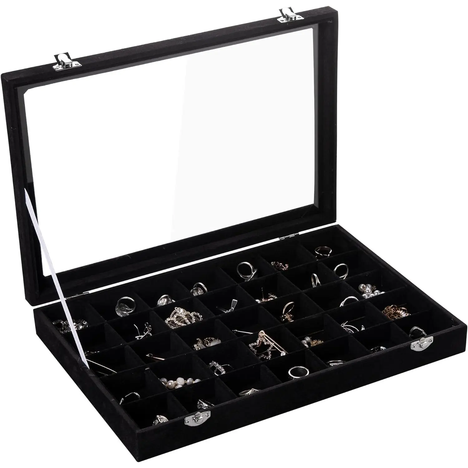 Tray,35 Grid  Organizer with Clear Lid,Earring Holder Organizer Case with Clasp,Drawer Insert for Rings Studs,13.8 x 9.5 x 2 Inches, for Women Girls(Black)