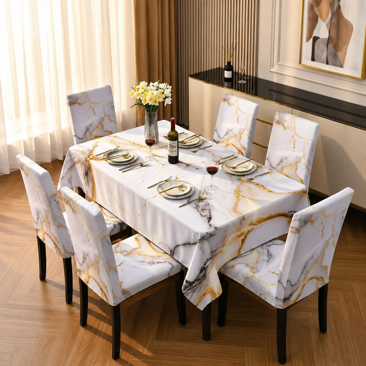 5/7 Pcs White Gold Marble Vein Print Tablecloth & Chair Cover Set, Modern Luxury Minimalist Style, Stretch Removable Washable Dining Chair Slipcover, For Family Meals, Holiday Gatherings, Dinner Party & Household Table Decor