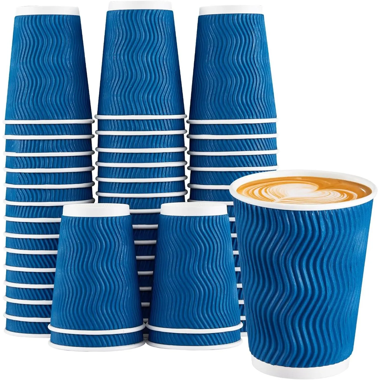 12 oz Insulated Coffee Cups Disposable - 50 Count Blue Paper Coffee Cups No Lids 12oz, Corrugated Ripple Wall Design for Hot Beverages Cold Drinks, Home/Party/Travel/Picnic/Daily Use