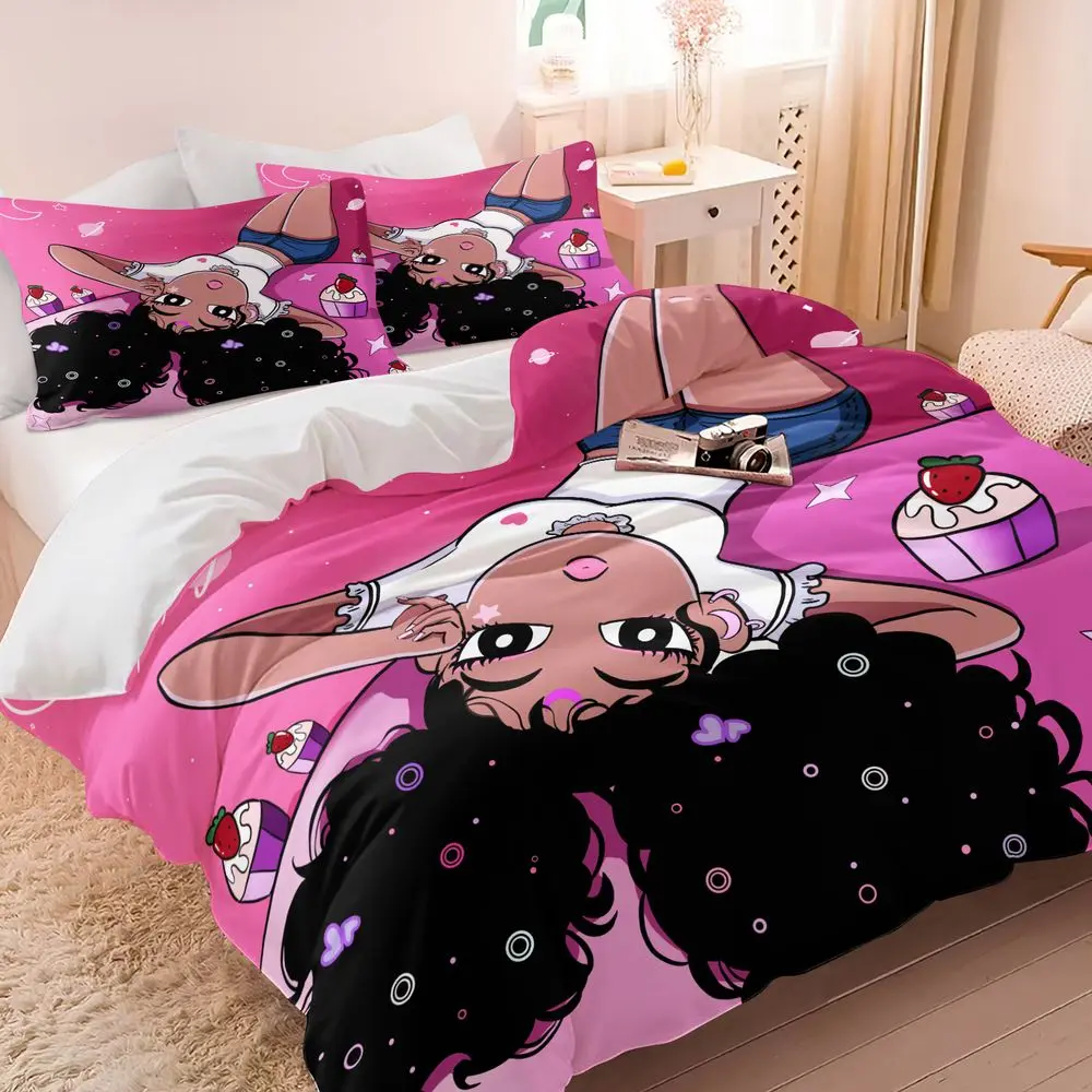 Cute Anime Girl & Strawberry Cupcake Print Duvet Cover Set 2/3 Pcs Soft Bedding Set with 1 Duvet Cover & 1/2 Pillowcases Y2K Aesthetic Bedroom Decor for Teen Girls - No Filling