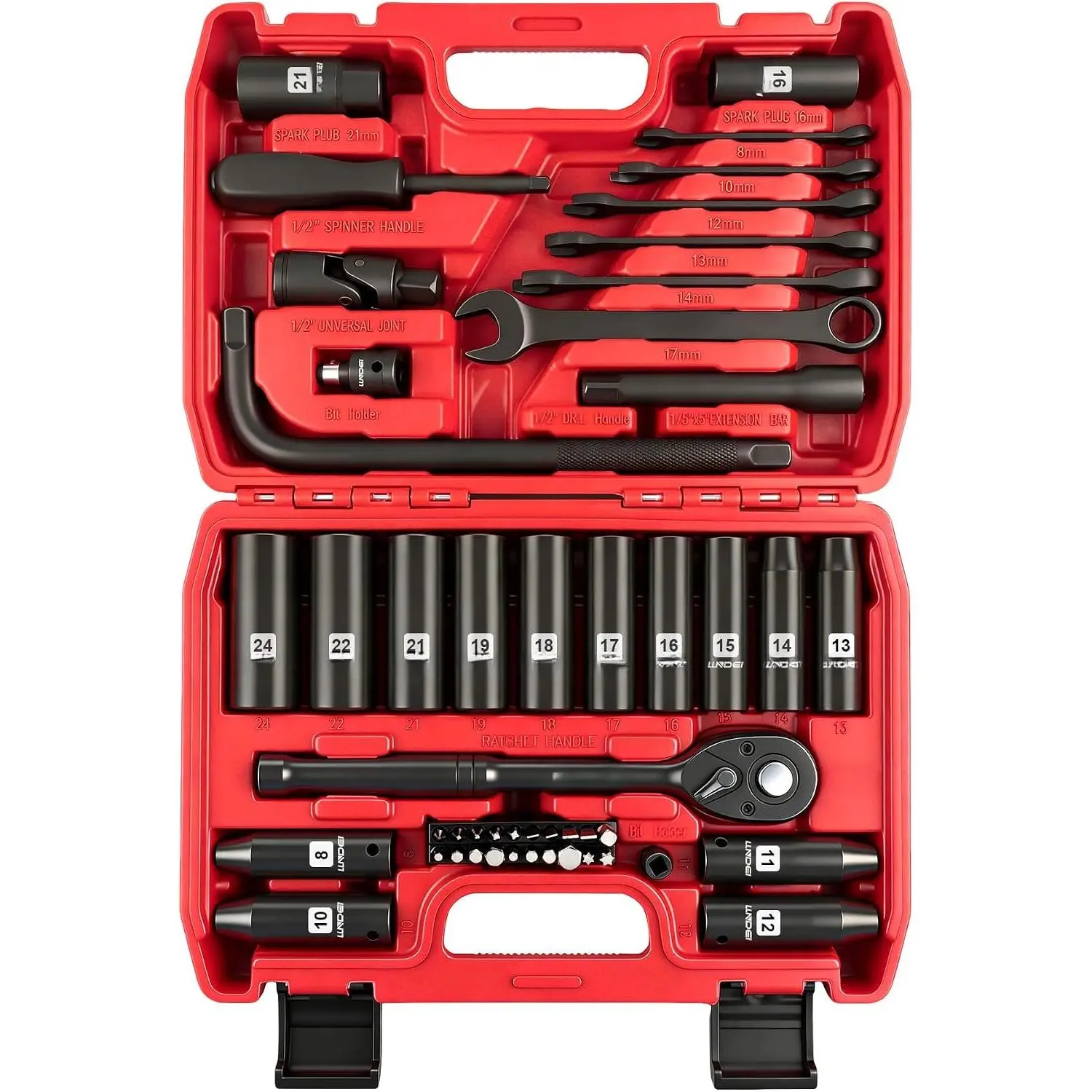 1/2"  Socket Wrench Set: 49 count, CR-V, Metric | Combination Wrenches (8-17mm), Deep Sockets(8-24mm), Spark Plug Socket(16,21mm), Household&Automotive Repairing