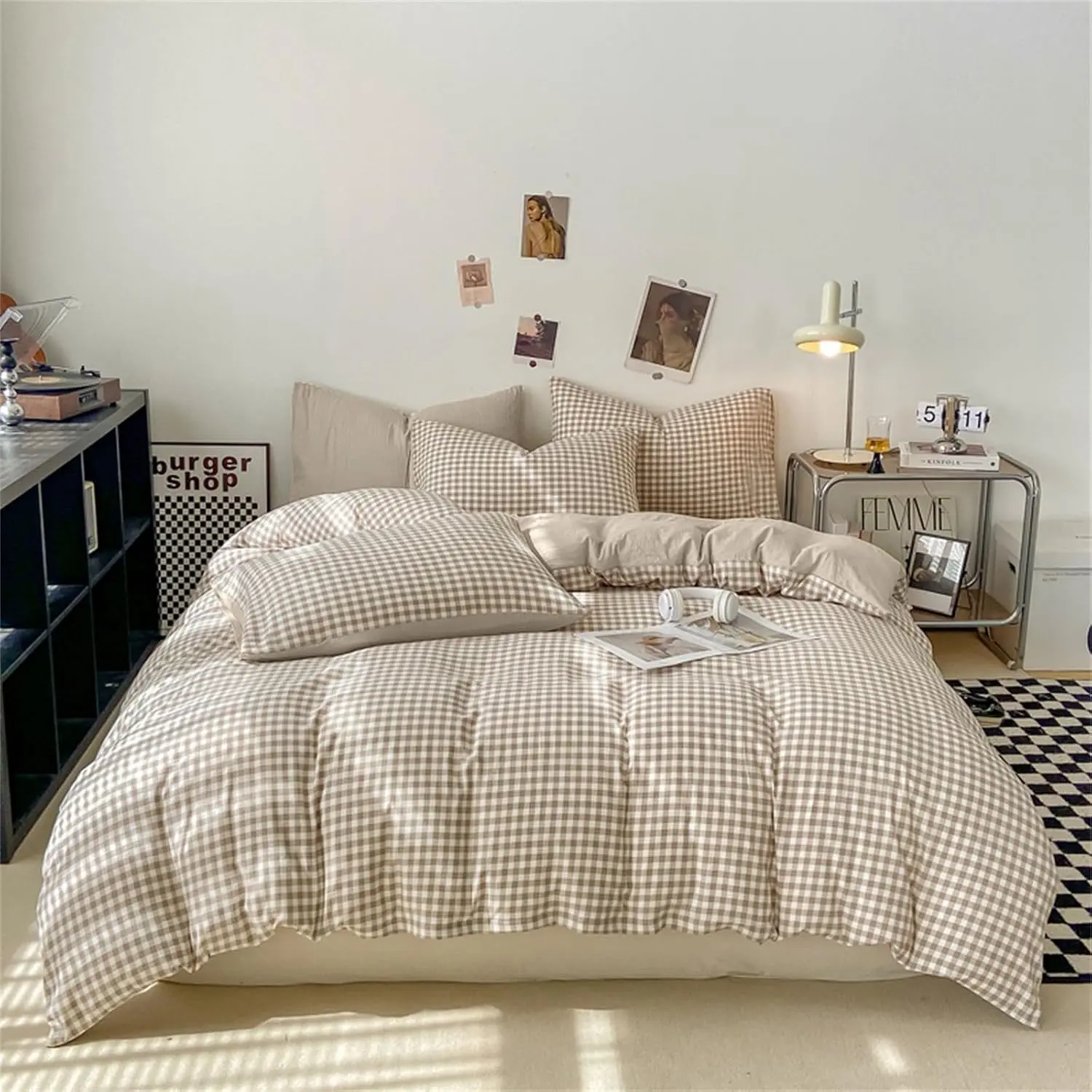 Queen Brown Tan Gingham Plaid Duvet Cover Set, Soft Breathable Washed Microfiber Bedding with Hidden Zipper & 4 Corner Ties, Reversible All-Season Comfort, Farmhouse Home Decor & Modern Farmhouse Decor for Dorms