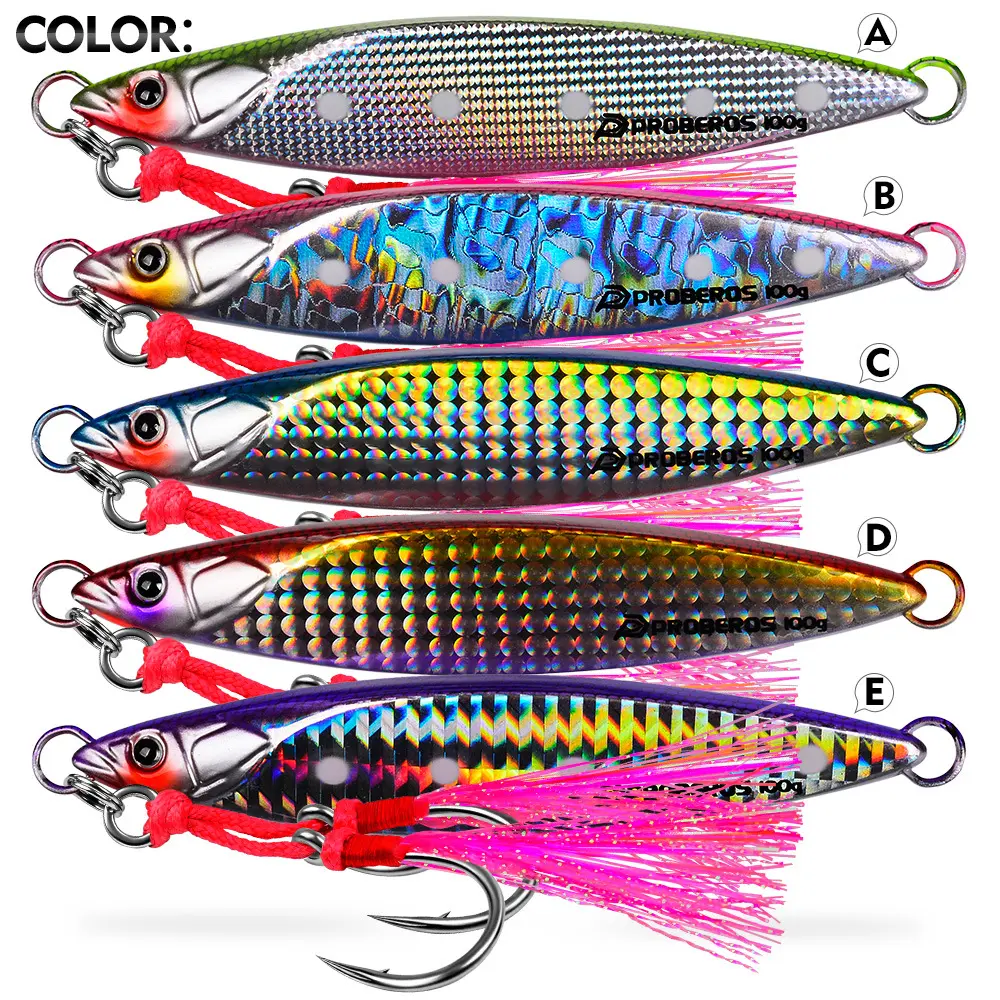 PROBEROS 5-Piece Pack Saltwater Lures (80g & 100g)| Quick-Sinking Lead Carts| Holographic Deep-Sea Boat Fishing Lures with Skirting Lines and Double Assist Hooks fresh water