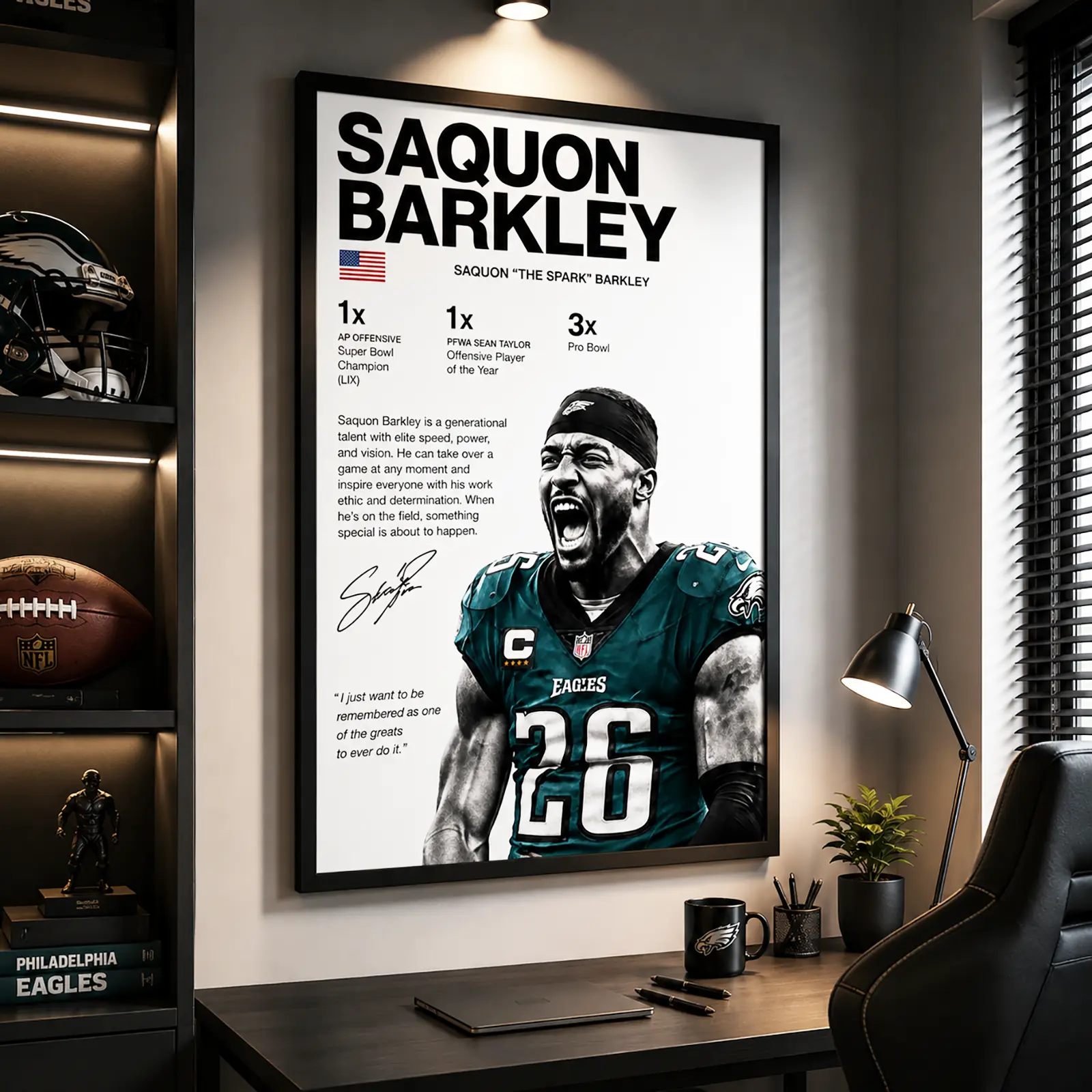 Saquon Barkley The Spark Philadelphia Eagles Football Canvas Wall Art, Minimal Stats Quote Signature Frameless Canvas Print, NFL Sports Player Decor Poster for Man Cave Gym Bedroom Office Wall Decor, 1 Panel framed Canvas Painting