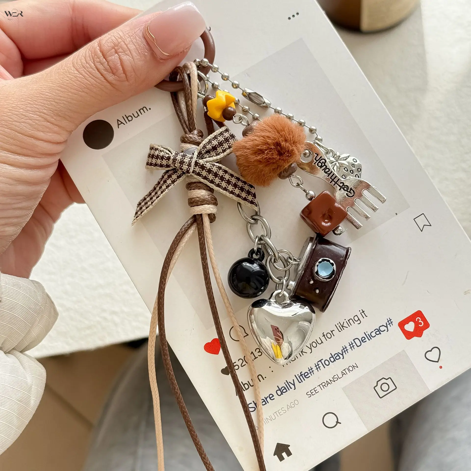 Vintage Brown Coffee Themed Multi Charms Keychain, Retro Camera Fork Heart Plush Pom Pom Houndstooth Bow Decorative Bag Pendant Key Ring, Small Birthday Holiday Gift for Teen Girls Young Women