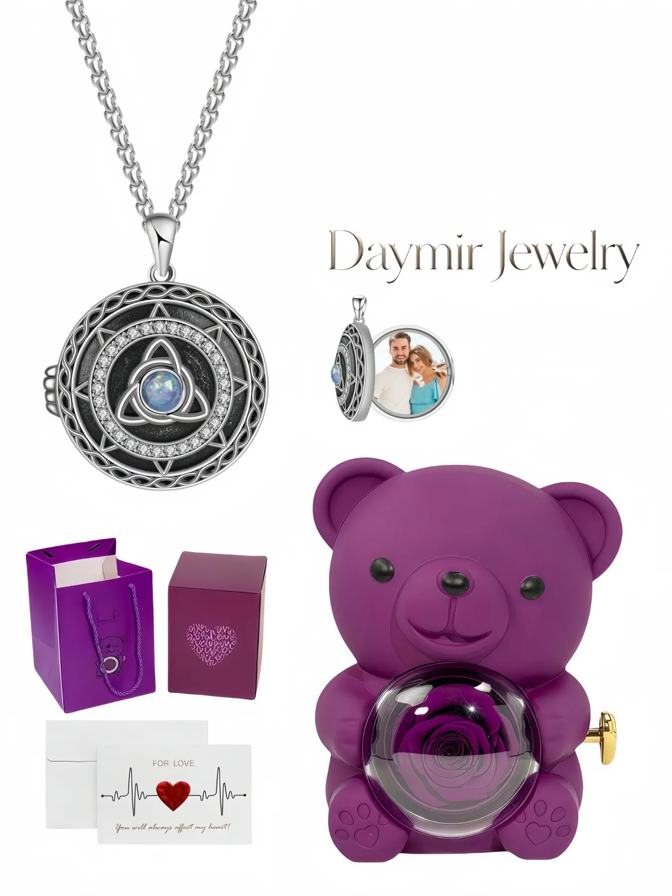 Vintage opal Celtic triple knot photo locket necklace for DIY picture storage. It comes with rotating rose‑bear jewelry box, a mysterious gift for dates, birthdays, back‑to‑school, anniversaries and Christmas.