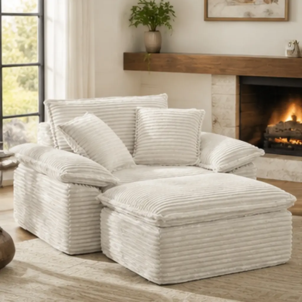 ARCH Oversized Sofa Chair and a Half with Deep Seat & Movable Ottoman Set, Cloud Sofa Bed with Chaise, 1-Seater Modular Sectional Sleeper Couch for Living Room, No Assembly Teddy-Fleece Corduroy Beige, Beige Color Options, Corduroy Material