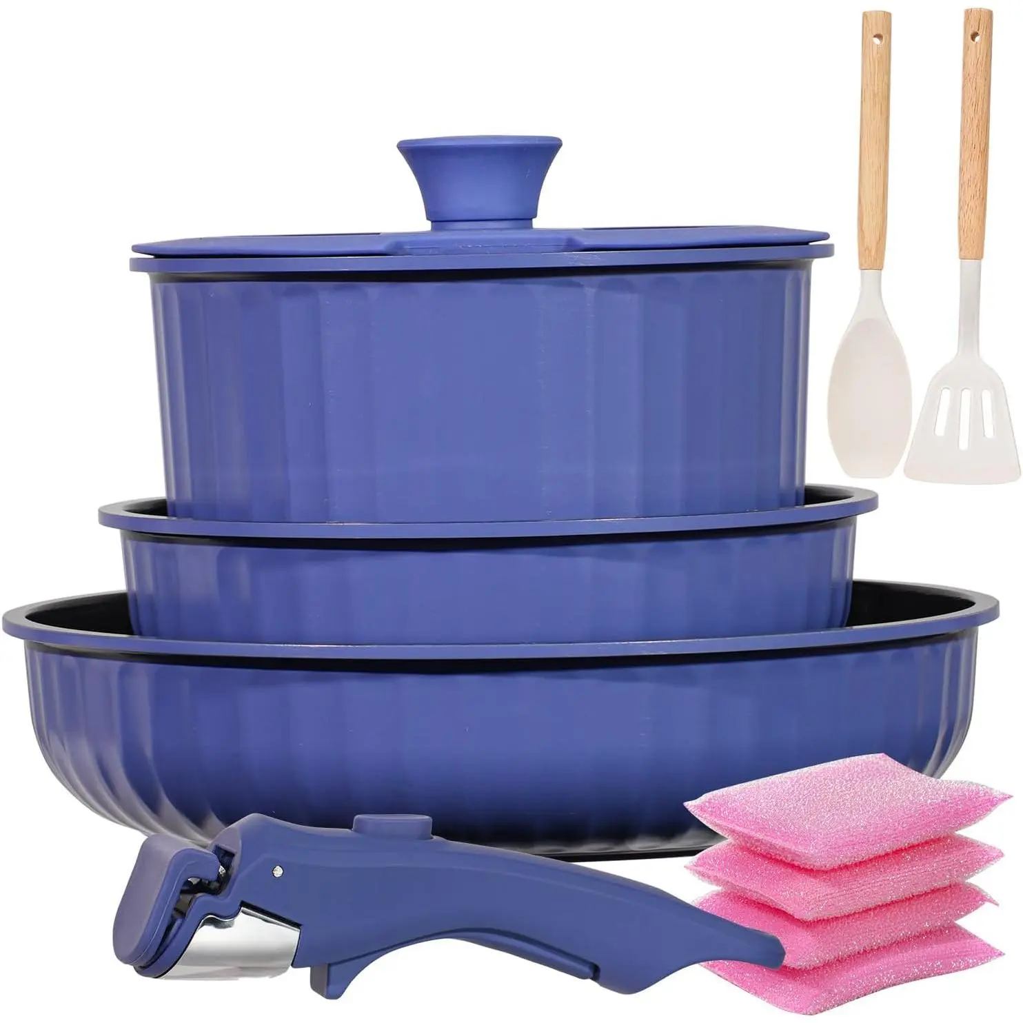 11 Piece Pots and Pans Set Nonstick with Removable Handle, Induction Cookware, Stackable Kitchen Set for RV Camping Apartment, Frying Pan and Saucepan (Blue)
