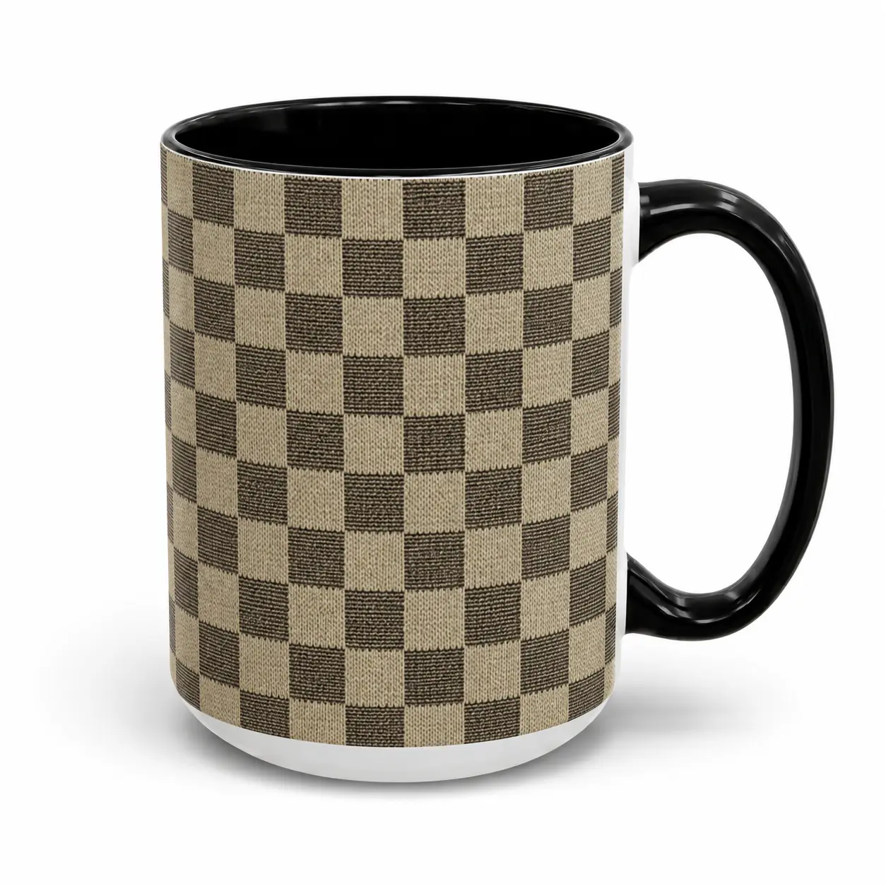 Neutral Checkerboard Ceramic Mug, 11oz 15oz Coffee Mug with Black Handle, Brown Plaid Printed Design Mug with Print, Tea Cup for Home Office Gift