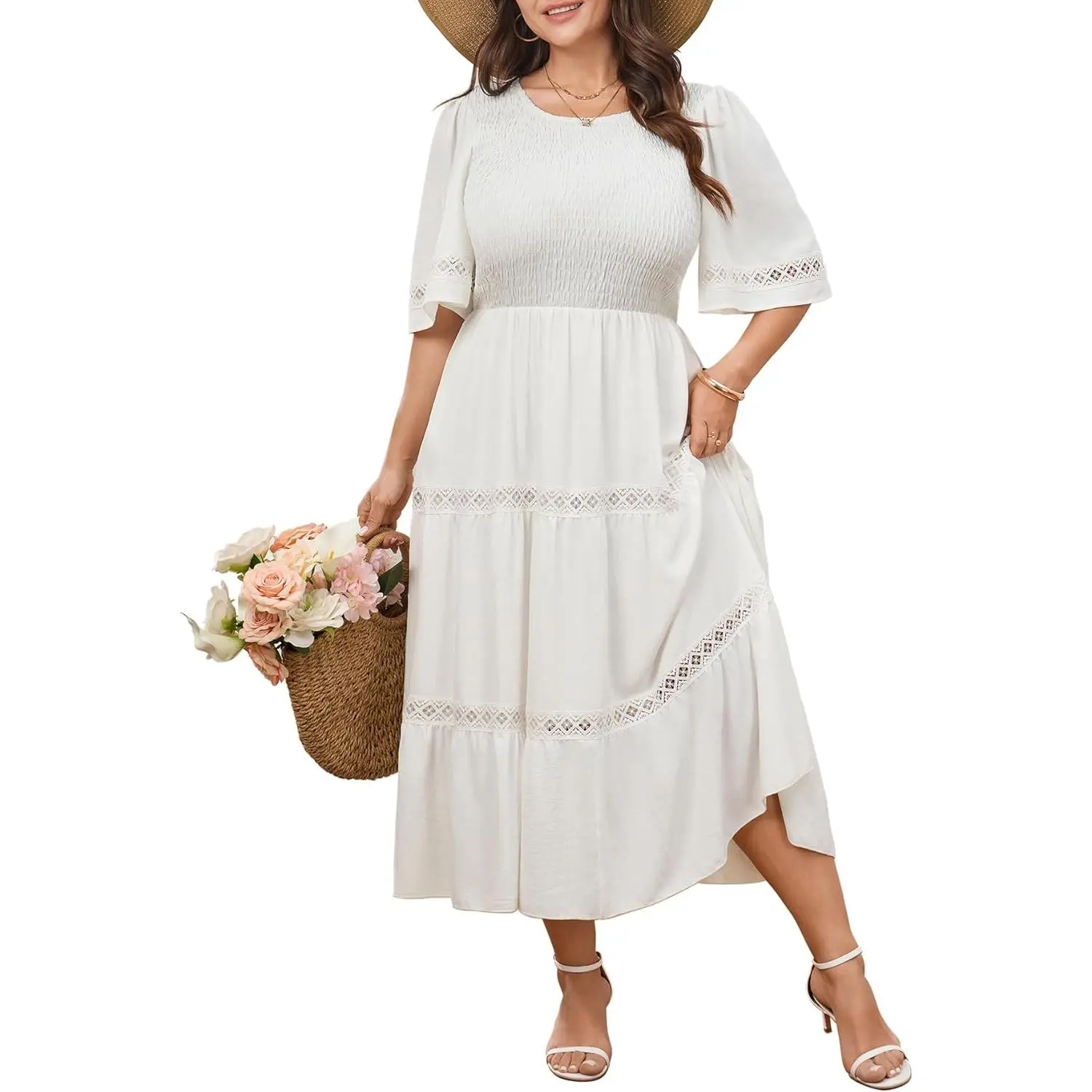SCOMCHIC Women's Plus Size Maxi Dress Casual Crewneck Smocked Boho Elegant Hollow Out Summer Wedding Guest Dresses