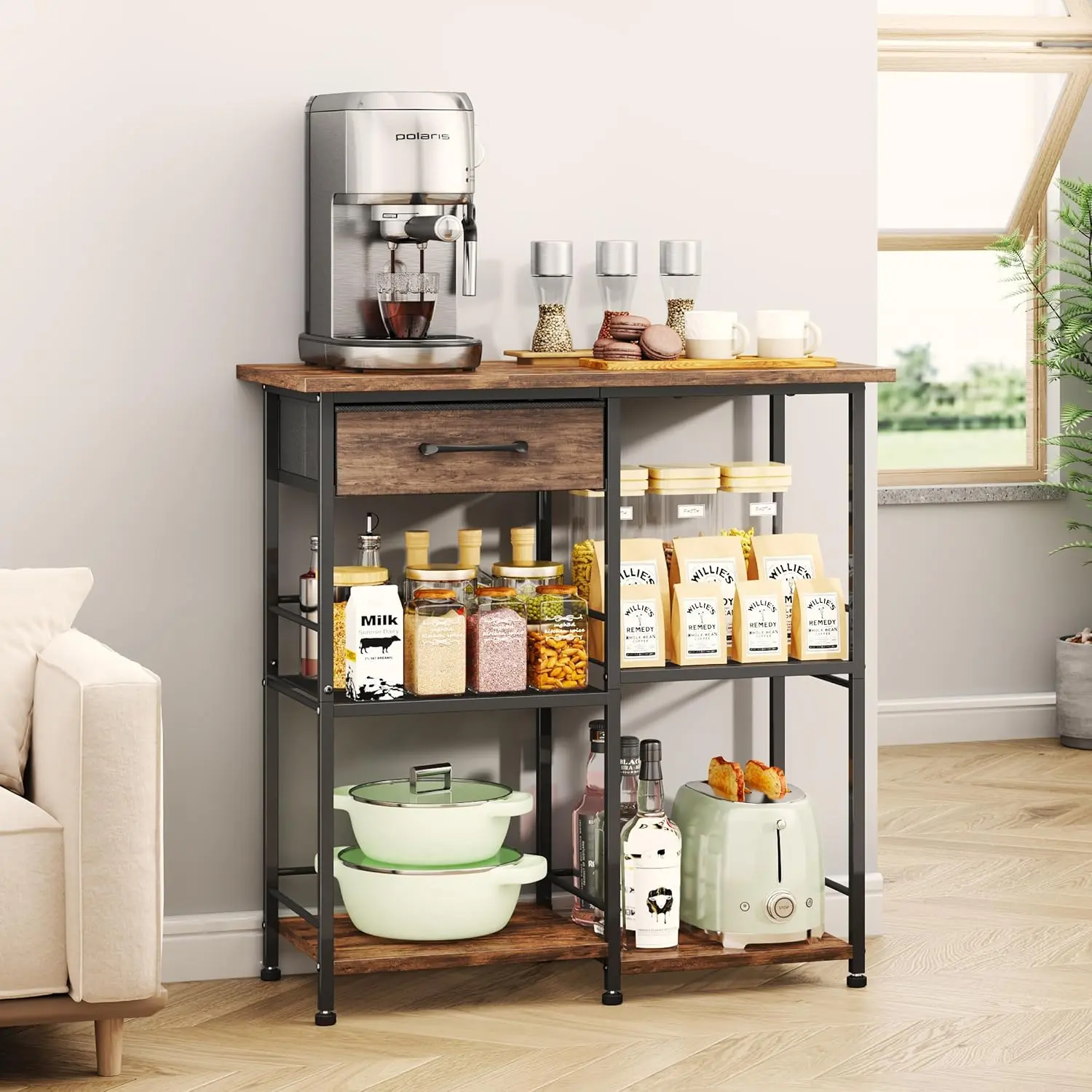 Bakers Rack with Storage - Coffee Bar Cabinet Organizer, Coffee Station for Kitchen Dining Room, Microwave Stand with Adjustable , Espresso