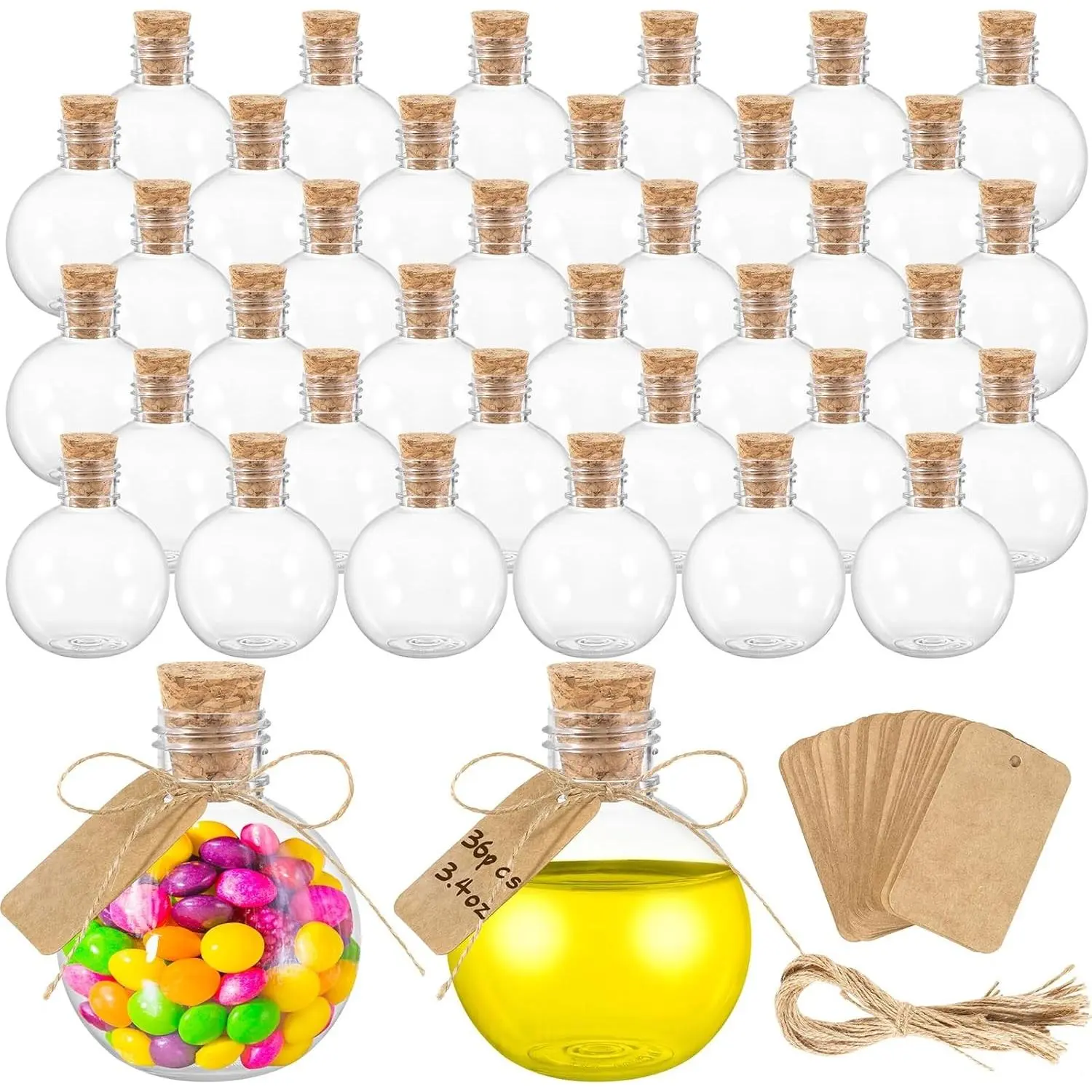 36 Pcs Round Spherical Plastic Potion Bottles - 3.4 Oz Sand Art Ball Bottle Set with Corks, Tags for DIY Crafts, Wedding Party Favor
