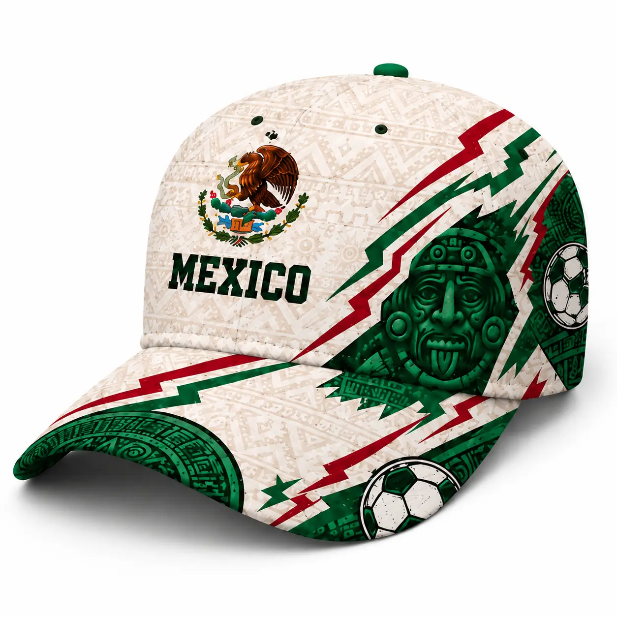Mexico Soccer Aztec Baseball Cap Unisex, Cream Green Curved Brim Adjustable Snapback Hat for Men Women, Streetwear Outdoor Game Day Cap,sooners baseball,stylish golf,nets fan, football supporter ,raptor printed hat,official soccer,unisex summer,classic