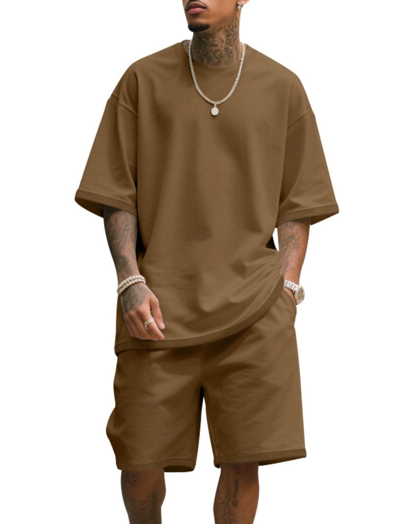 Men's Summer Casual Set, Pure Color Round Neck Short Sleeve Knit Tee & Shorts, Classic Loose Fit Sportswear, Comfortable Daily Wear Outfit Men's Summer Casual Set, Pure Color Round Neck Short Sleeve Knit Tee & Shorts, Classic Loose Fit Sportswear, Comfortable Daily Wear Outfit