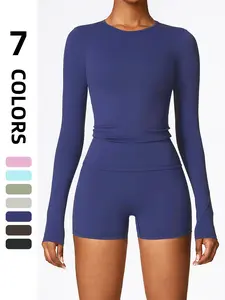 2-Piece Sport Set, Long Sleeve & Shorts, High Waist Tight Fit, Sweat-Wicking, Quick-Dry, Ideal for Gym, Running, Home, Travel