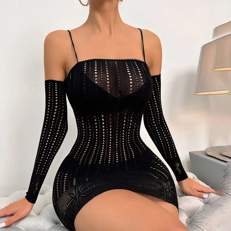 Women's Casual Longsleeves Off-Shoulder Leaf Pattern Mesh Wrap Mini Dress - Romantic, Glamorous Easy-Wear Fashion Clothing, Elegant Evening Wear, Casual Wear