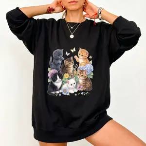 Cute Kittens And Flowers Graphic Sweatshirt For Women Vintage Cottagecore Cat Mom Crewneck Pullover Aesthetic Floral Long Sleeve Oversized Sweatshirt Casual Spring Top graphic hoodies Womenswear