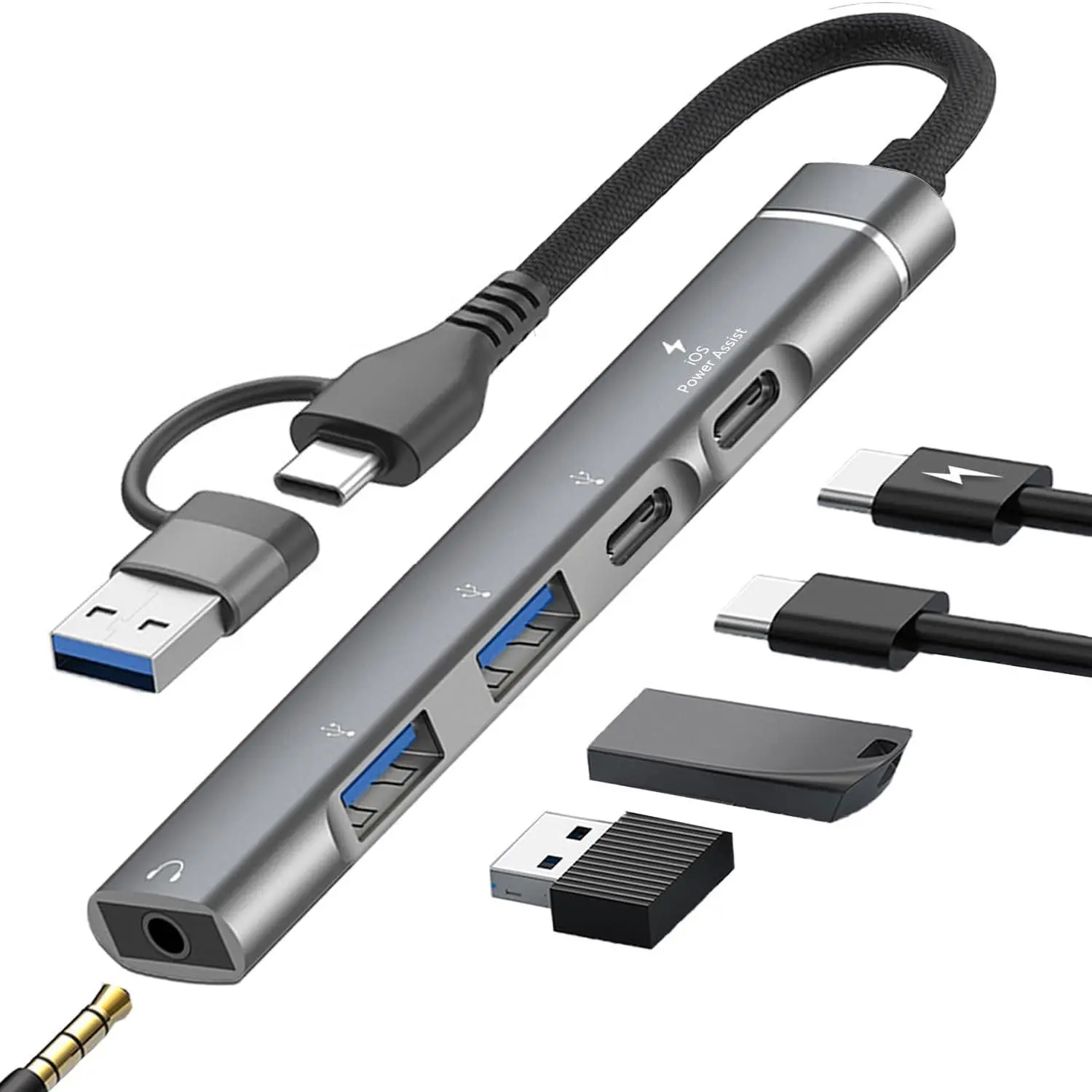 USB C Hub USB 3.0 Hub with 3.5mm Headphone Aux Jack, 5-in-1 USB C to USB Adapter USB C Splitter with 15W PD, USB 3.0, USB 2.0, USB C Ports, USB C Dongle for MacBook Air/Pro,XPS,iMac,iPad Pro