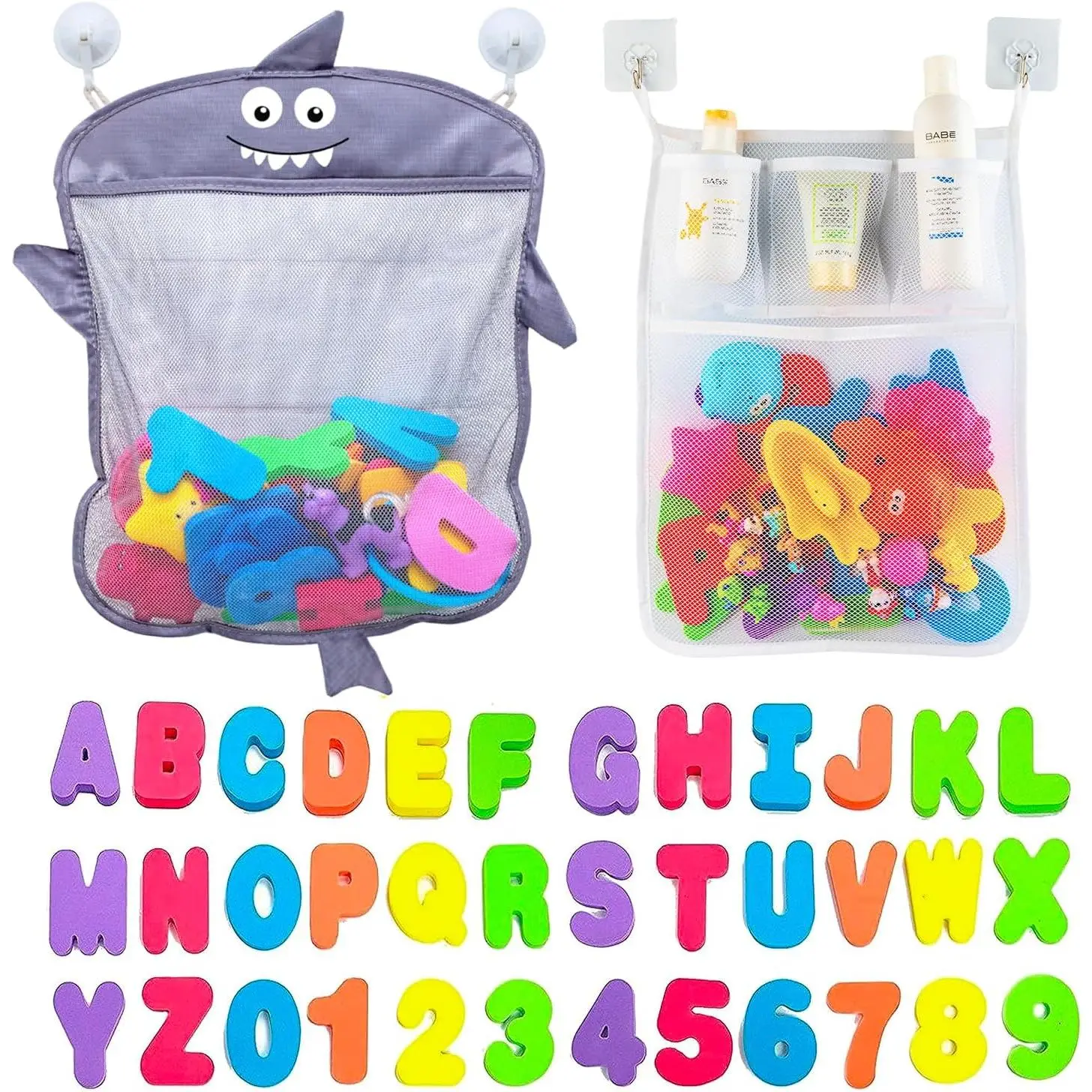 Baby Bath Toy Organizer - Shark +36 Bath Letters & Numbers +Extra Bath Toy Storage Net & 10 Strong Hooks, Great Bath Net  Kids, Cute Bathtub Toy Organizer and Bath/Shower Caddy Solution