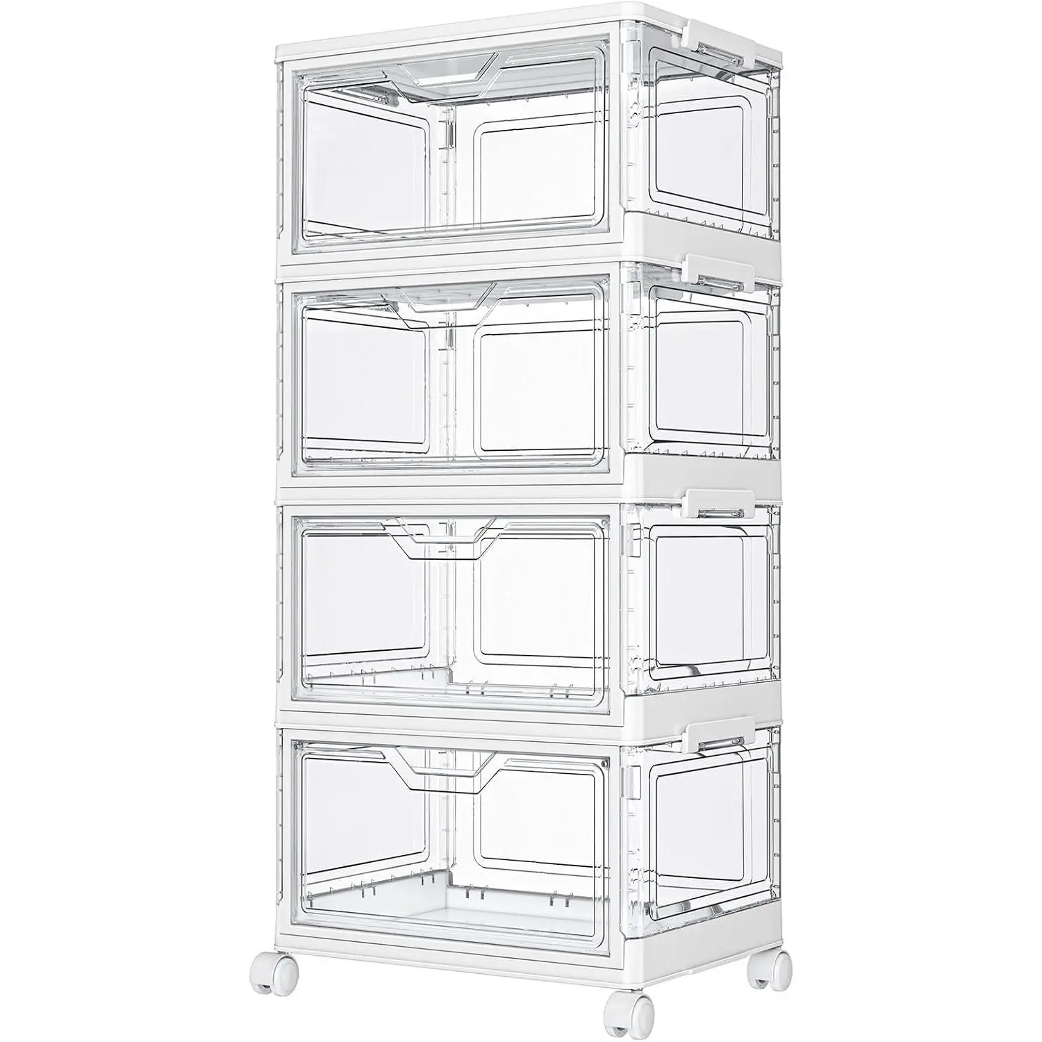 Clear Storage Bins with  - 4 Tier Plastic Bins with Wheels, Stackable Storage Bin, Closet Organizers Box for Bedroom, Living Room, 23 QT Folding Box with  door