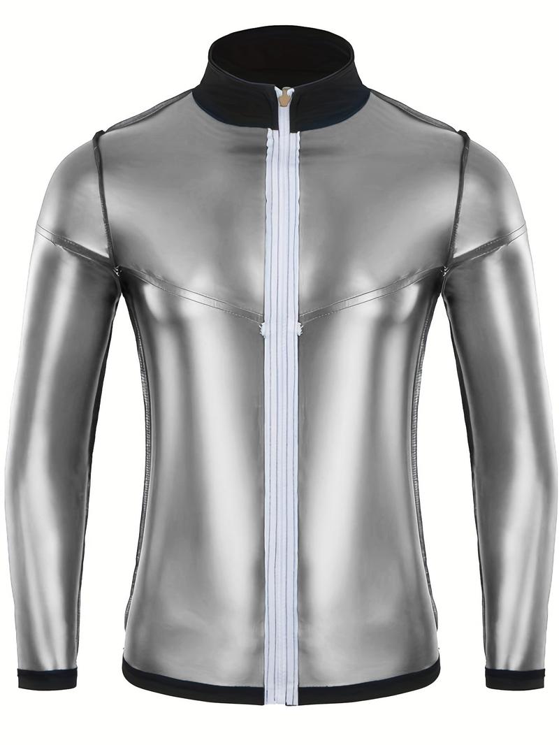 Men's Letter Print Zipper Sauna Top, Long Sleeve Funnel Neck Zip Up Sports Top, Casual Sportswear Clothing for Indoor Outdoor Wear, Sports Outerwear