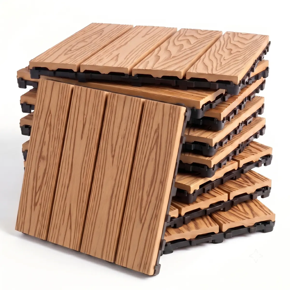 25-Pack WPC Interlocking Deck Tiles - 3D Embossed 4-Slat Wood Look, Waterproof Outdoor Composite Flooring for Patio, Balcony, Garden & Poolside