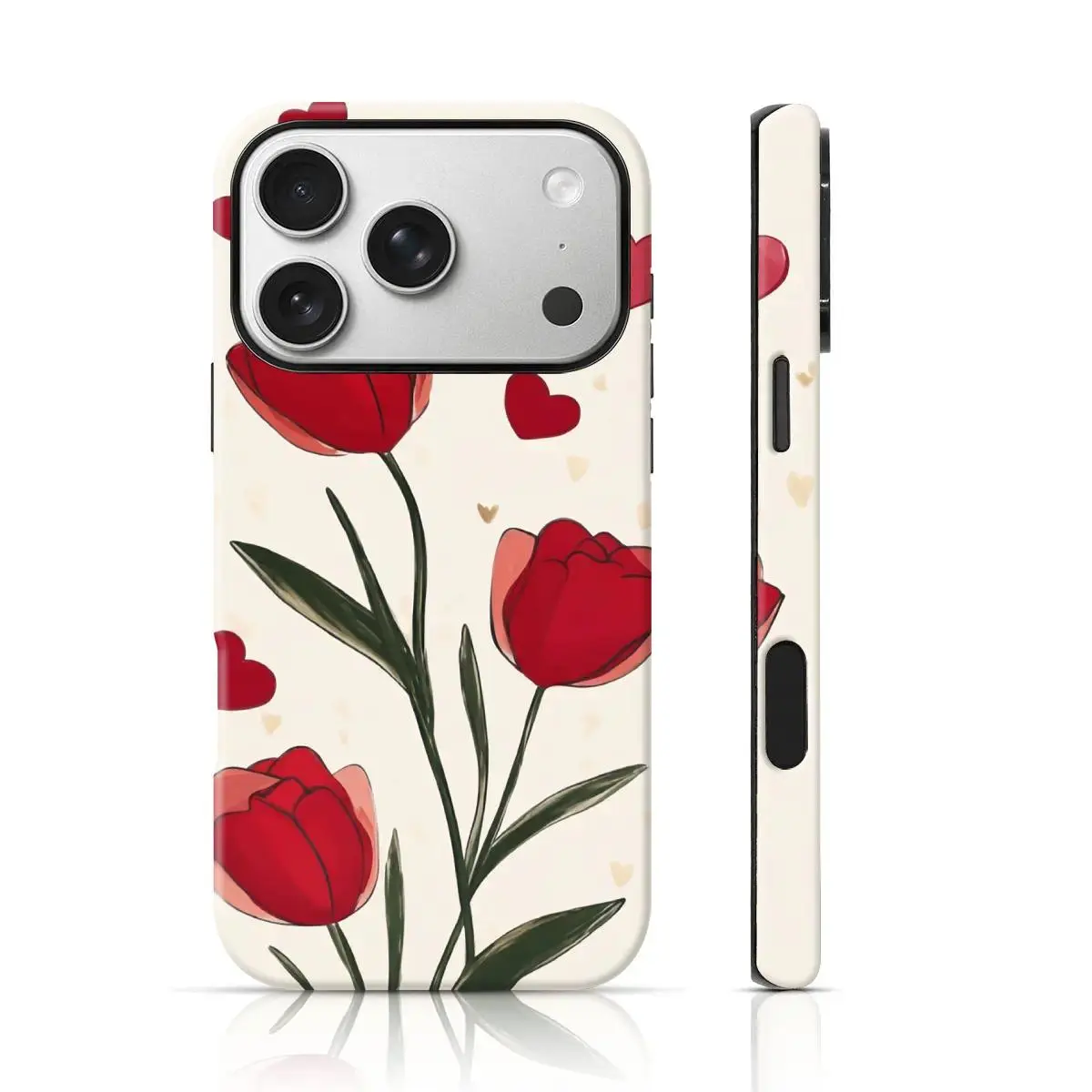 Elegant Red Tulip & Love Heart Phone Case, Anti-slip & Fade Resistant. Compatible with Apple 17/16/15/14/13/12/11/X and Samsung S26/25/24/23/22/21 phones. Shockproof phone case - lightweight, stylish, and durable.