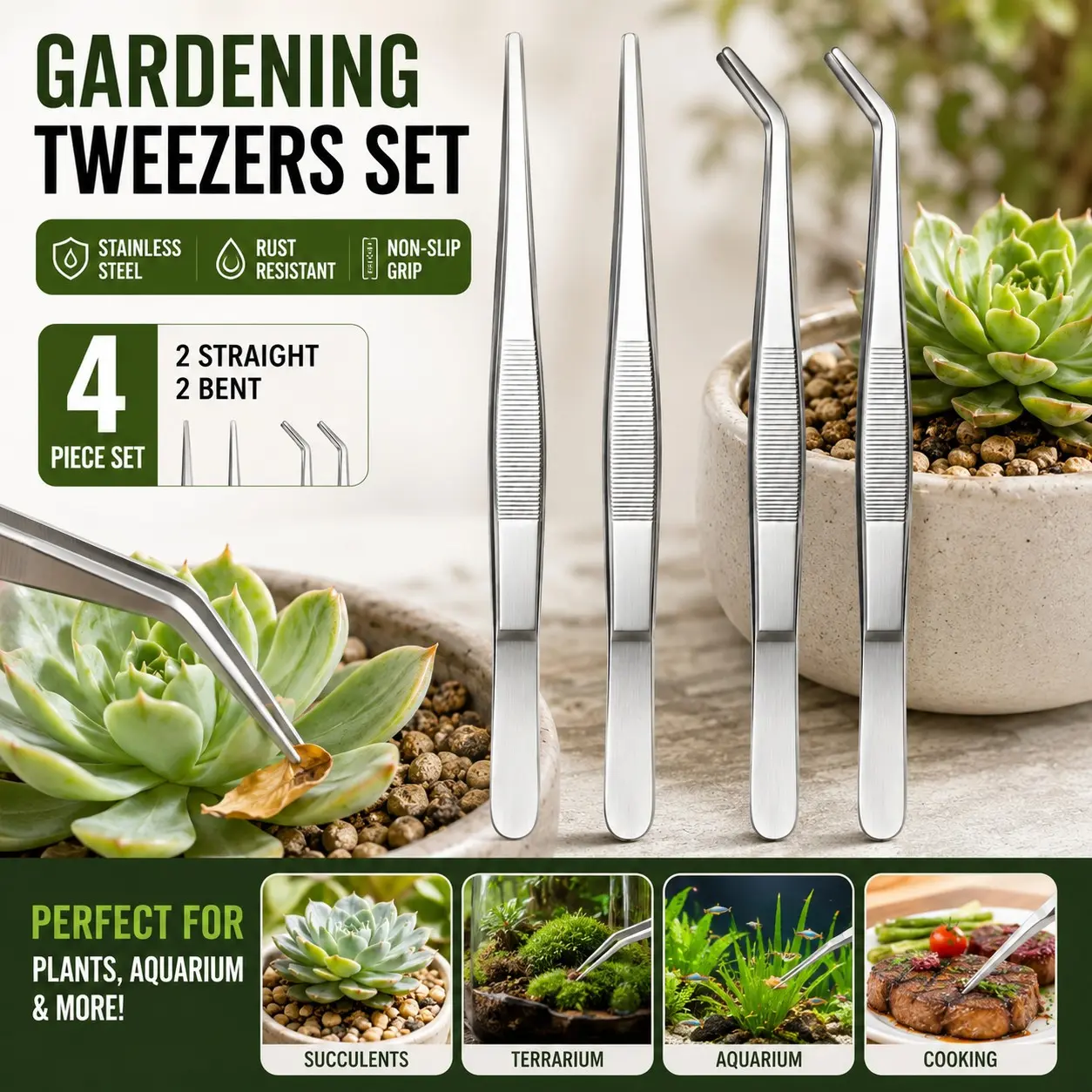 4 Piece Stainless Steel Gardening Tweezers Set, 2 Straight + 2 Bent 20cm Precision Tweezers, Anti-Slip Rust-Resistant, Ideal for Succulents, Moss, Bonsai, Aquarium, Plant Care, Cooking