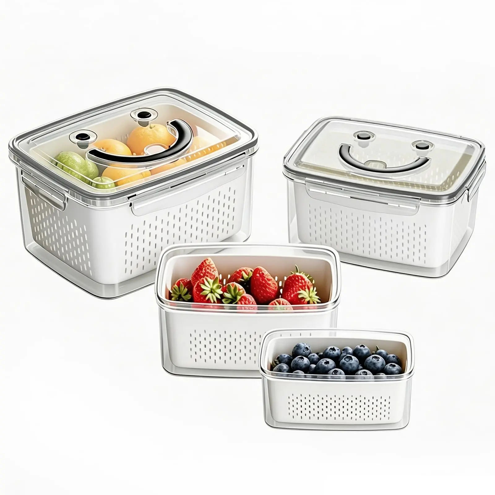 4 PCS Fruit Storage Containers for Fridge-Features removable Colander,All-in-One Fruit Washing Bowl & Colander,Microwave/Dishwasher Safe for Berry,Lettuce,Salad & Meat Fresh Longer