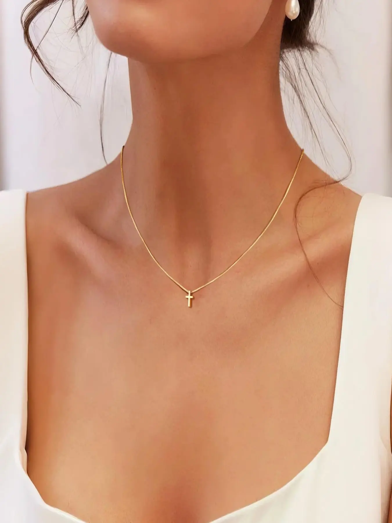 1pc Stainless Steel Mini Cross Necklace, 18k Single Layer Simple Pendant, Elegant Baroque Style, All Seasons Jewelry
