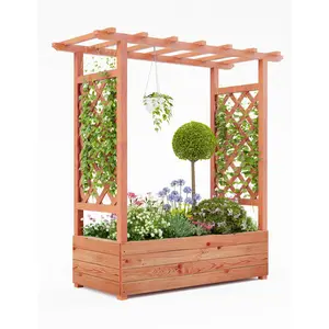 45-Inch Elevated Wooden Planter Box with Trellis & Canopy, Raised Garden Bed with Side Supports and Drainage Holes, for Climbing Plants, Vines, Flowers, Herbs, Great for Patios & Vertical Gardening