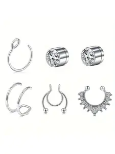 6pcs Fake Nose Ring Set for Women & Men, Clip-On Faux Nose Piercings, Non-Piercing Septum Cuffs, Stylish Lip Rings Accessory, Spiral Nose Ring