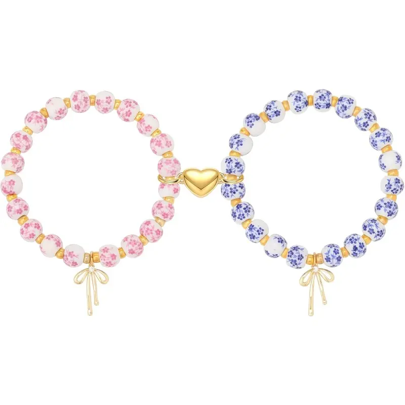 Set of 2 Matching Friendship Bead Bracelets with Vintage Bow Charm, Couple-Themed Jewelry for Men, Women & BFFs, Couple-Themed Bracelets & Bangles, Friendship Beads Bracelets & Bangles