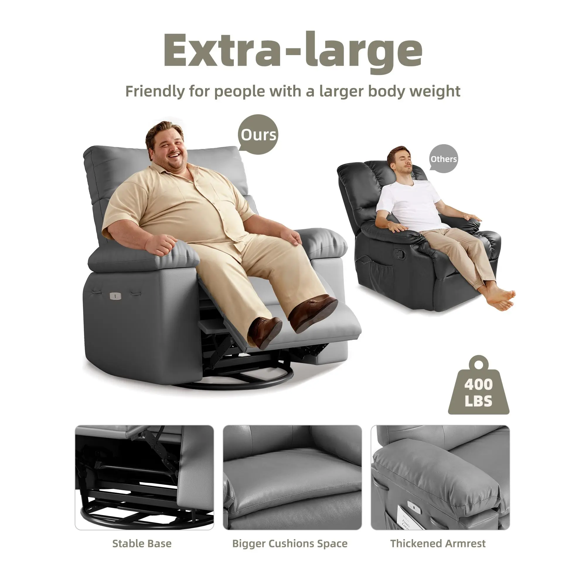 Vintage Brown Oversized Recliner Chair for Adults – Extra Wide PU Leather Manual Recliner with 1.5x Thick High-Density Foam, Comfortable Arm & Back Support for Living Room
