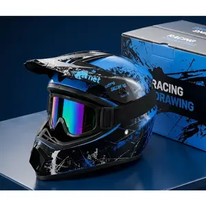 Bright Blue Splatter Blue Black Motocross Racing Helmet UTV Helmet Professional Off Road Breathable Liner Trail Riding Helmet DOT Approved Motorcycle Helmet with Goggles ATV Helmet Adventure Riding Helmet Quick Release Buckle Dirt Bike