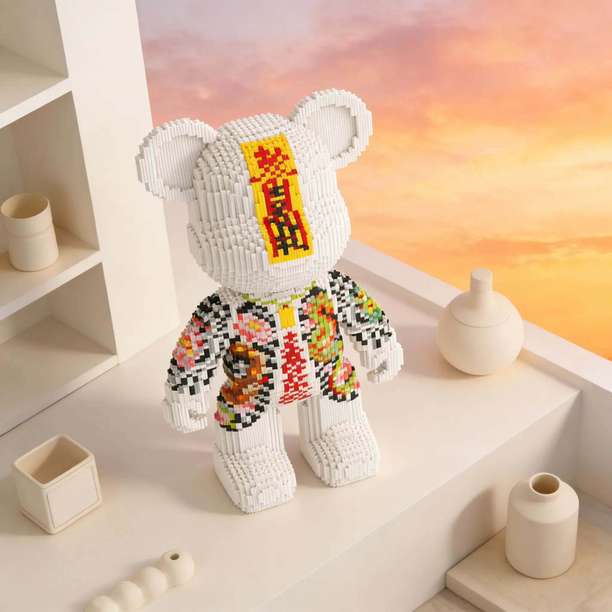 Multicolor Dopa Pattern Tattoo Heart Bear 3D Interlocking Puzzle Blocks Decoration, Bookshelf Home Office Cabinet Decor, Party Living Room TV Stand Display, Art Puzzles Gift