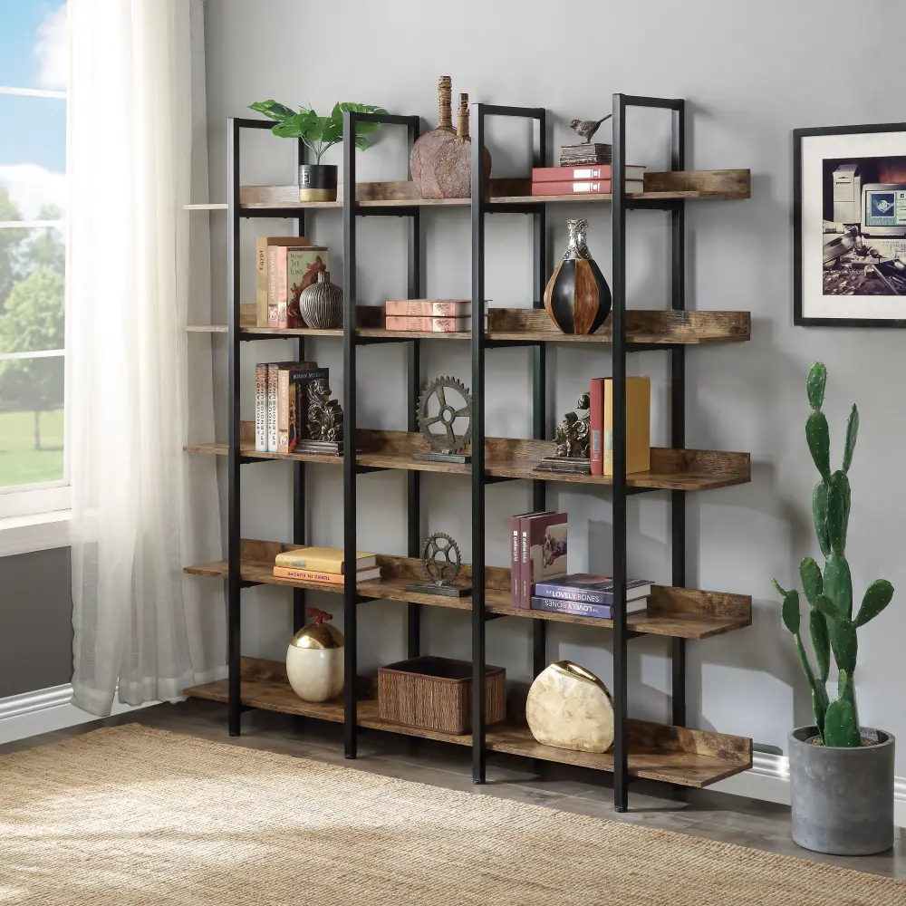 Littleox 5-Tier Open Bookshelf with Video Guide - Vintage Industrial Metal Frame Open Shelving, Sturdy Storage MDF Wood Bookcase for Home Office (Old Sku:WF286176AAT/N725P247766T)