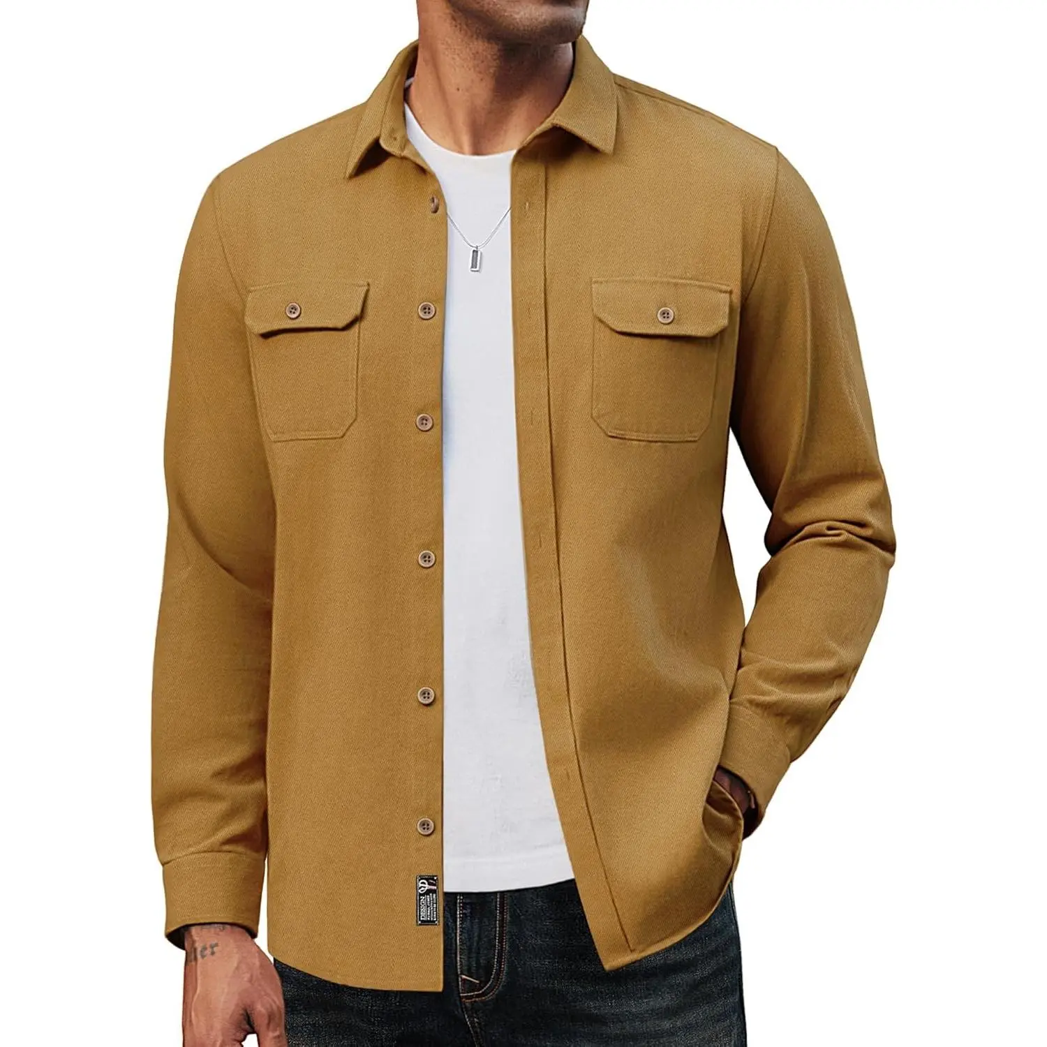 Mens Shacket Lightweight Shirt Jacket Overshirt | Cotton Twill Work Jacket, American Workwear Chore Jacket, Dual Button Chest Pockets, Spring Fall Winter Layered Clothes