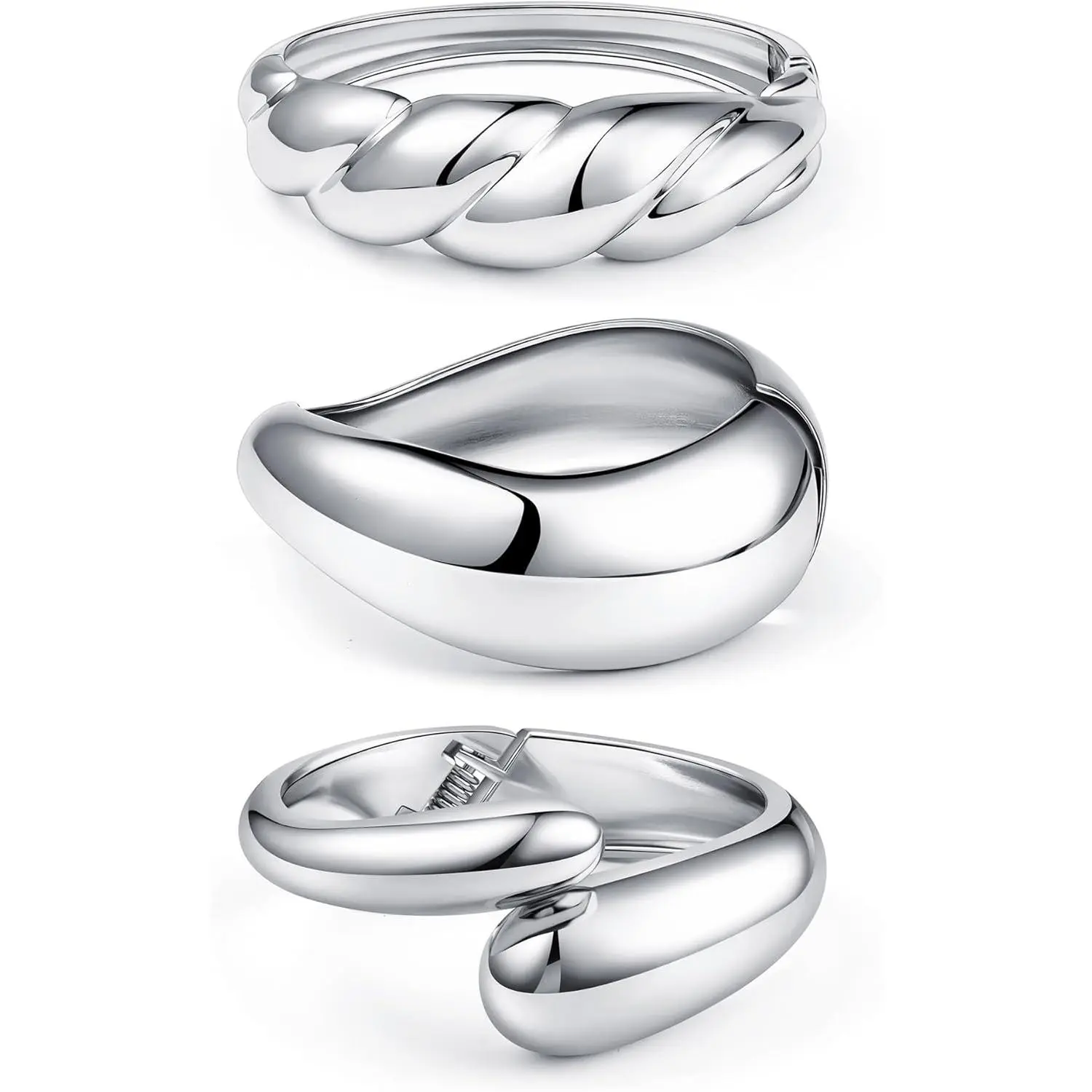 3PCS Chunky Silver Bangle Set – Wide Cuff Bracelets, Stackable Statement Jewelry Gift for Women