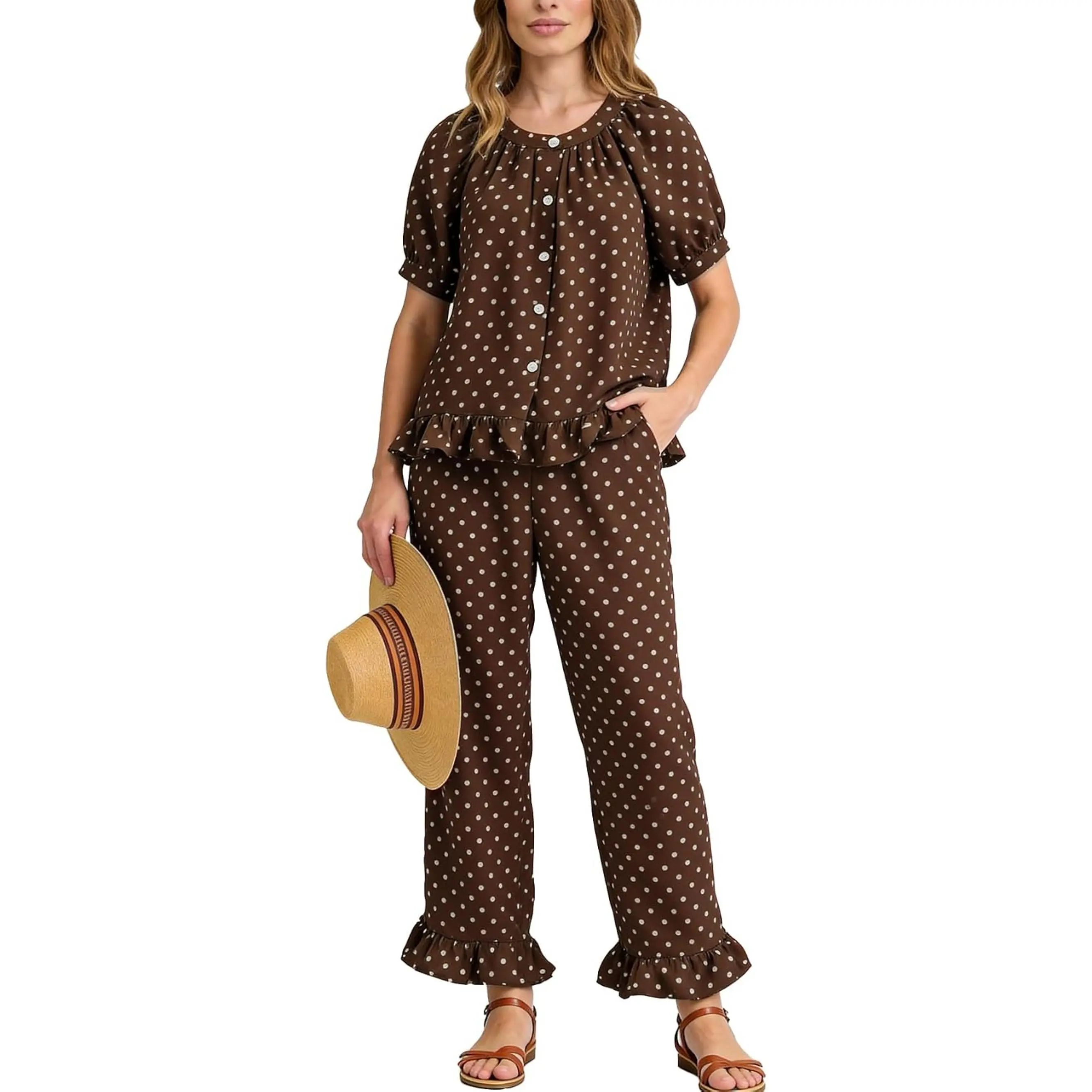 Womens Polka Dot Pajama Sets 2 Piece Short Puff Sleeve Button Down Lounge Set Soft Y2K Ruffled Long Pj Pants Sleepwear