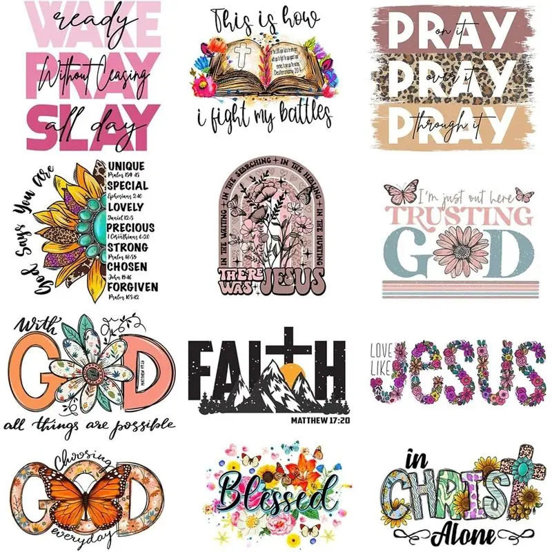 12PCS Big Size Jesus God Iron On Decals Thermal Transfer Stickers for Clothing Heat Press Decoration Appliqued Sublimation Patches Iron On Transfer Designs Heat Press Vinyl for Shirts