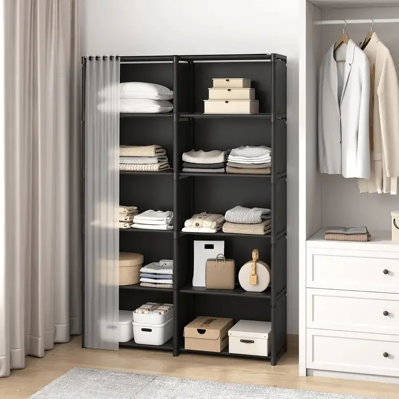 New 6-Tier Dual Row Metal Storage Cabinet, Easy Installation, Dust Cover and Door Curtain, Modern Durable Organizer for Closet, Bedroom