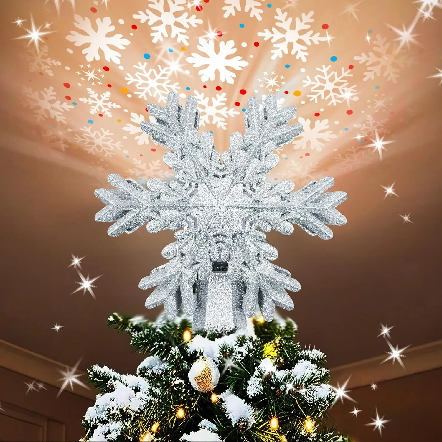 Christmas Snowflake Tree Topper with Rotating LED Projector,  Glitter Snowflake Plug-in  Ornament for Indoor Christmas Tree Decorations Holiday Decor