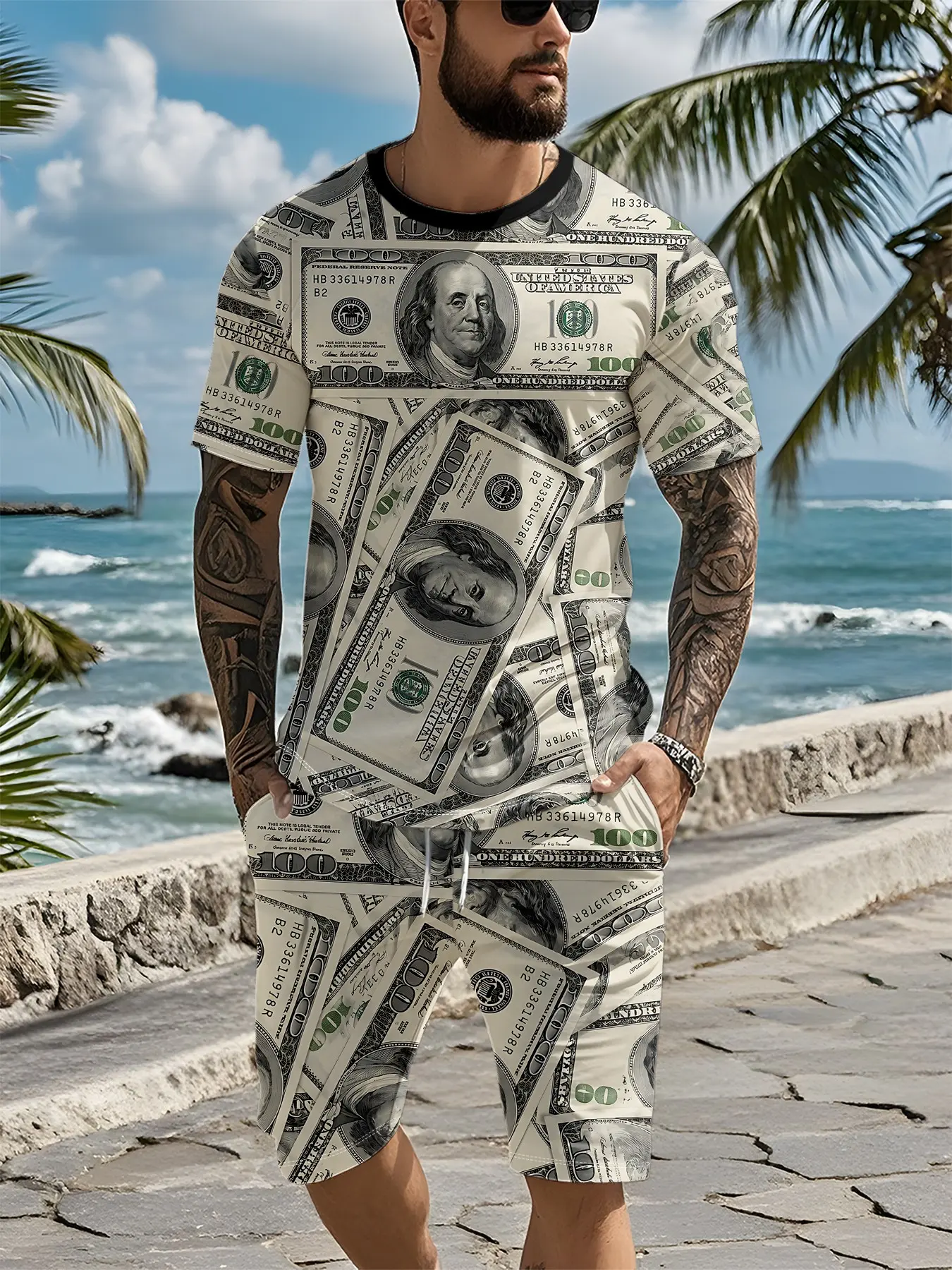 Two-piece set with full-print 3D digital printing of vintage banknote portraits, 2Pcs, trendy fashion suit, trendy vintage casual two-piece outfit, trendy vacation-style wear, breathable sporty casual style, an ideal holiday gift for men