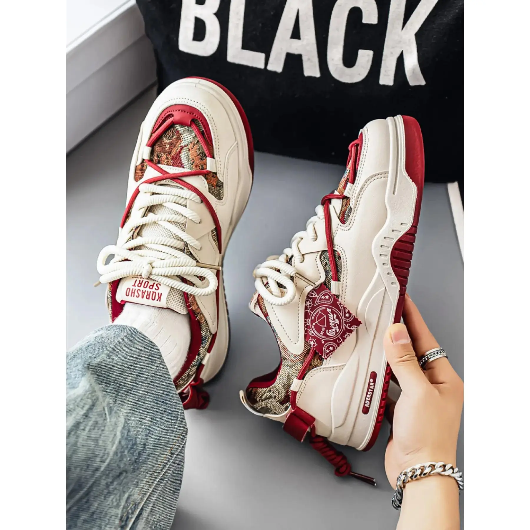 YYW1 Men's Vintage Jacquard Panel Color Block Sneakers, Comfortable Thick Sole Casual Shoes, Breathable Upper Daily Wear & Style