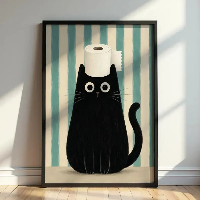 Funny Black Cat Framed Canvas Poster, Cute Toilet Paper Cat Canvas Wall Art with Wooden Frame, Printed Bathroom Wall Decor for Restroom Home