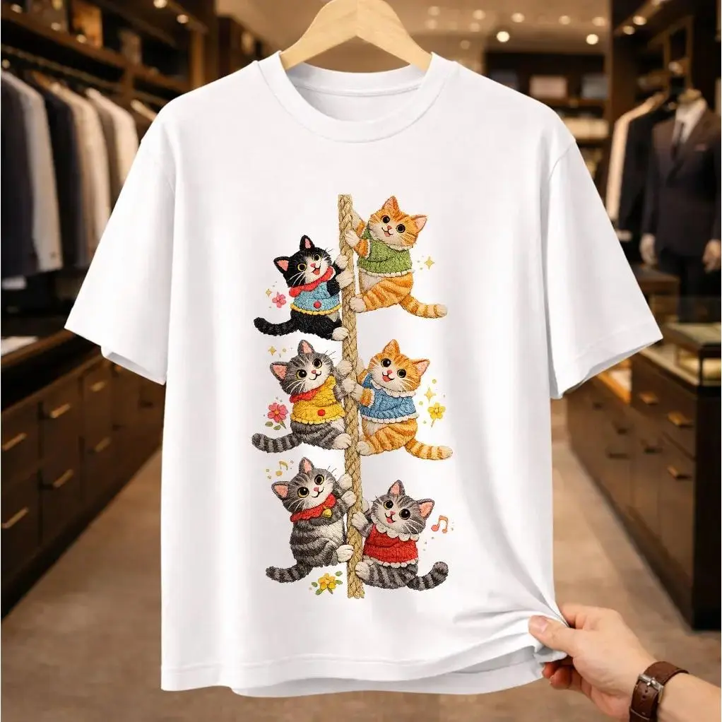 Men's Cute Cat T-Shirt, 6 Kittens in Sweaters Graphic Tshirt, Colorful Round Neck Short Sleeve Streetwear, Soft Cotton Casual Breathable Top, Kawaii Cat Lover Gift