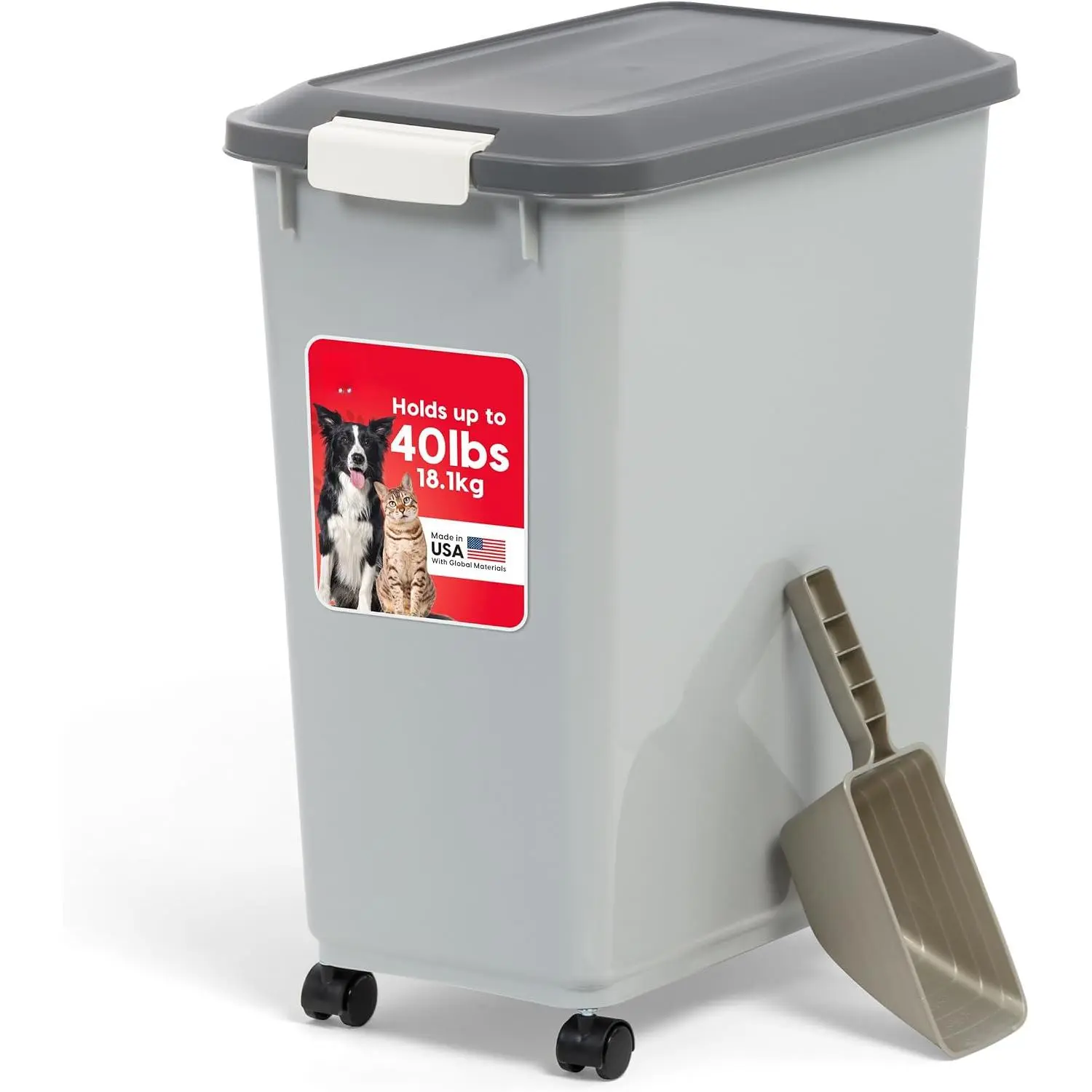USA 40 Lbs Pet Food Storage Container, Airtight BPA‑Free Dog Cat Food Bin with Wheels & 2‑Cup Scoop, Multi‑Use Storage for Bird Seed, Cat Litter, Treats, Pellets