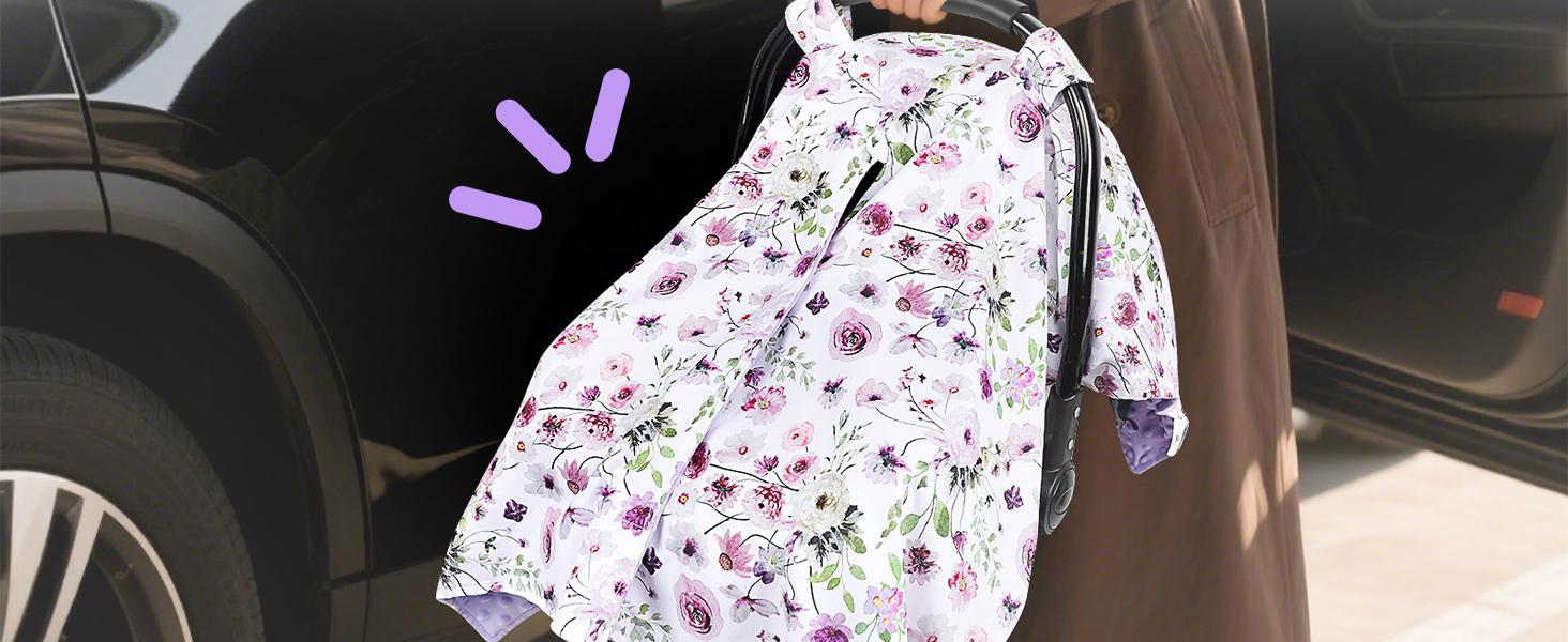 Baby Car Seat Cover, Soft Minky Warm Winter Car Seat Canopy for Infants & Toddlers, Opening with Adjustable Strap, Breathable Nursing Cover & Stroller Blanket, Purple Flowers (Fits Most Car Seats)